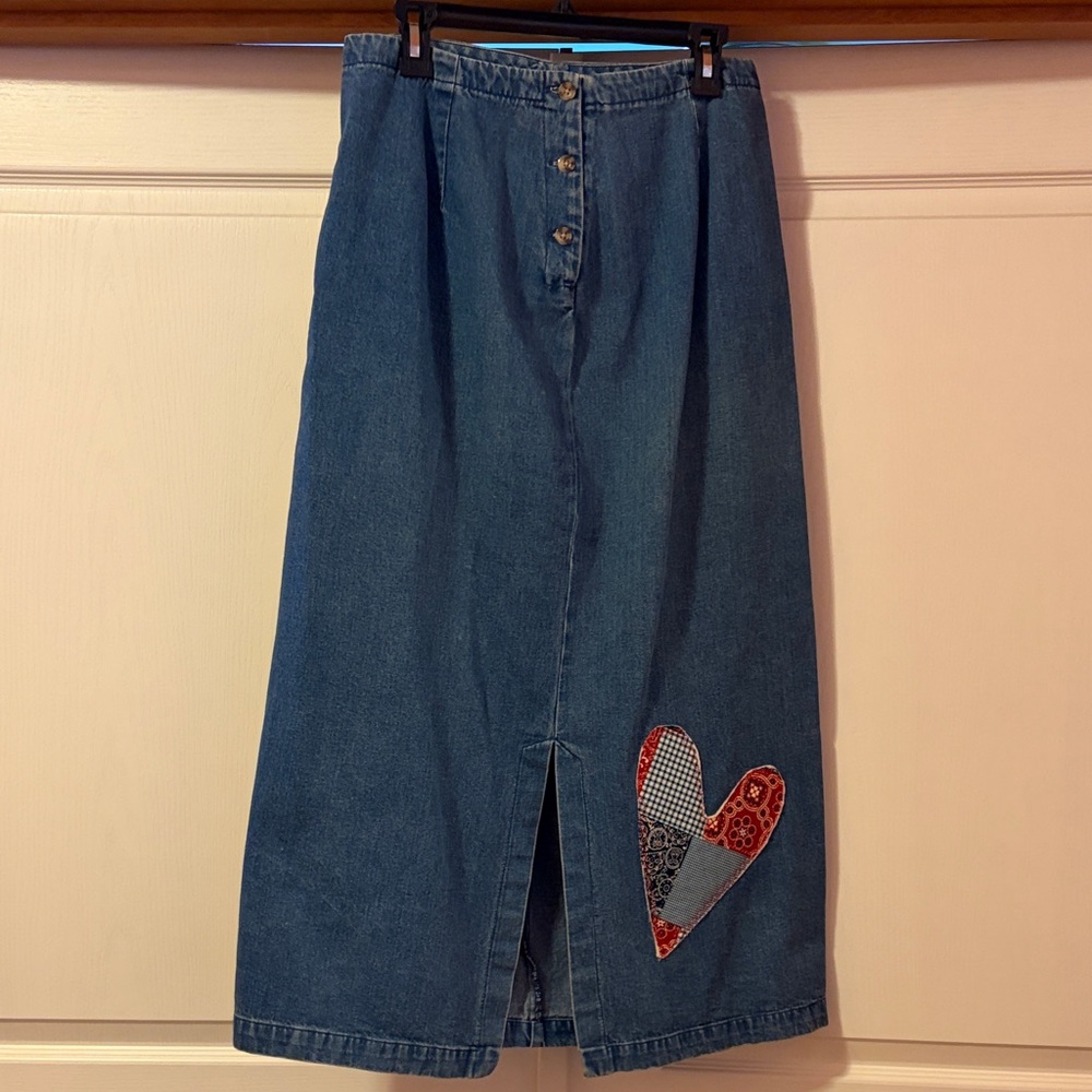 Eddie Bauer Blue Denim Midi Skirt with Heart Patch